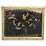 Early Crazy Quilt Fragment with Wonderful Embroidered Cat in Period Lemon Gold Frame