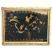 Early Crazy Quilt Fragment with Wonderful Embroidered Cat in Period Lemon Gold Frame