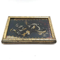 Early Crazy Quilt Fragment with Wonderful Embroidered Cat in Period Lemon Gold Frame