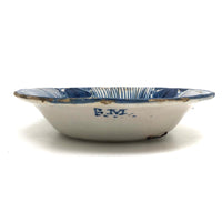 Early Hand-painted Blue and White Presumed Delftware Bowl with Big Fat Staple Repairs