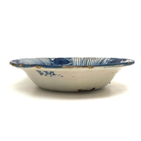 Early Hand-painted Blue and White Presumed Delftware Bowl with Big Fat Staple Repairs