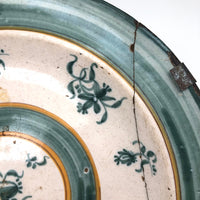 Large Early Green and White Hand-painted Faience Platter with Staple Repair and Tin Strap Hanger