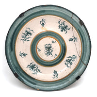 Large Early Green and White Hand-painted Faience Platter with Staple Repair and Tin Strap Hanger
