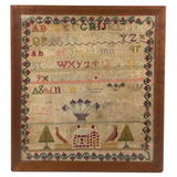 SOLD Mary Ann James' 1860s Sampler in Birds Eye Maple Frame