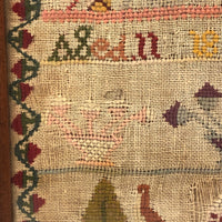 SOLD Mary Ann James' 1860s Sampler in Birds Eye Maple Frame