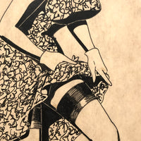 Bill Anthony Mid-Century Ink Drawing: Woman in Gloves and Stockings