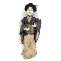 Delicate Antique Carved Wooden Japanese Doll with Silk and Paper Kimona