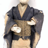 Delicate Antique Carved Wooden Japanese Doll with Silk and Paper Kimona