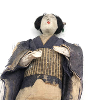 Delicate Antique Carved Wooden Japanese Doll with Silk and Paper Kimona