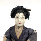 Delicate Antique Carved Wooden Japanese Doll with Silk and Paper Kimona