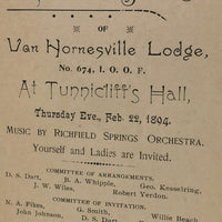 1894 Van Hornesville, NY  First Annual Odd Fellows Ball Invitation