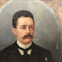 Large Late Victorian Oil on Canvas Portrait of Man with Mustache