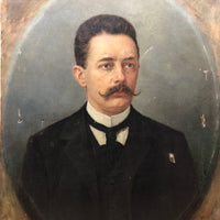 Large Late Victorian Oil on Canvas Portrait of Man with Mustache