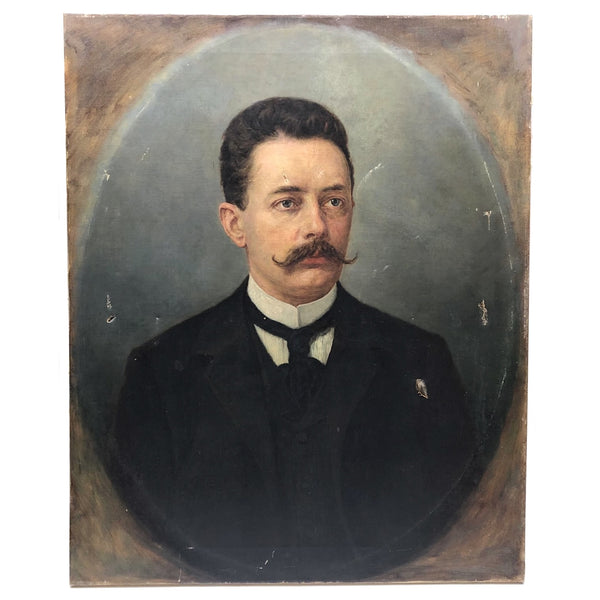 Large Late Victorian Oil on Canvas Portrait of Man with Mustache