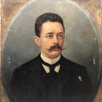 Large Late Victorian Oil on Canvas Portrait of Man with Mustache