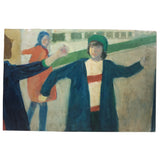 SOLD Large Oil on Masonite Painting of Three Skaters in Colorful Hats and Coats