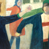 SOLD Large Oil on Masonite Painting of Three Skaters in Colorful Hats and Coats