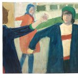 SOLD Large Oil on Masonite Painting of Three Skaters in Colorful Hats and Coats