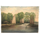 Soft Landscape with Trees and Ruins, Antique Oil on Linen Painting