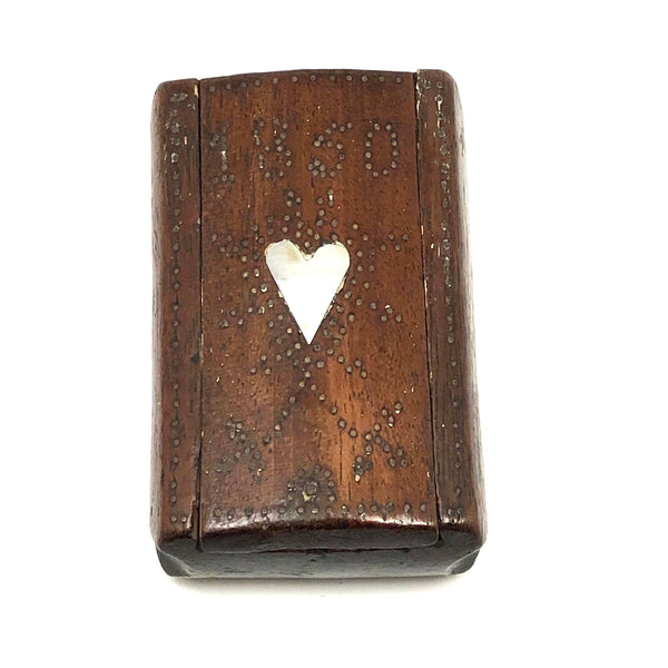 Wonderful Little 1850 Slide Lid Snuff Box with Mother of Pearl Heart and Brass Nails Decoration