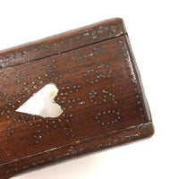 Wonderful Little 1850 Slide Lid Snuff Box with Mother of Pearl Heart and Brass Nails Decoration