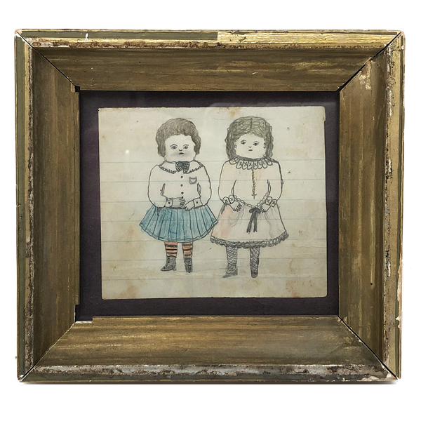 Chubby Children, Best Faces, Naive 19th Century Graphite and Watercolor Drawing in Gold Gessoed Frame