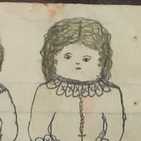 Chubby Children, Best Faces, Naive 19th Century Graphite and Watercolor Drawing in Gold Gessoed Frame