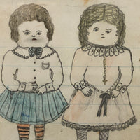 Chubby Children, Best Faces, Naive 19th Century Graphite and Watercolor Drawing in Gold Gessoed Frame