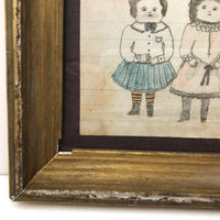 Chubby Children, Best Faces, Naive 19th Century Graphite and Watercolor Drawing in Gold Gessoed Frame