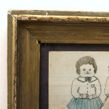 Chubby Children, Best Faces, Naive 19th Century Graphite and Watercolor Drawing in Gold Gessoed Frame