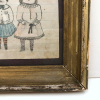 Chubby Children, Best Faces, Naive 19th Century Graphite and Watercolor Drawing in Gold Gessoed Frame