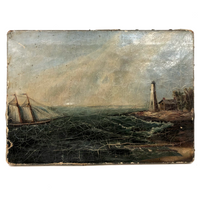 Radiant 19th Century Oil on Canvas Seascape with Ship, Lighthouse, Green Sea and Heavily Crackled Surface