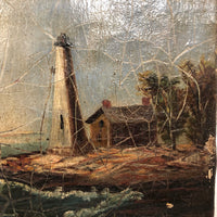 Radiant 19th Century Oil on Canvas Seascape with Ship, Lighthouse, Green Sea and Heavily Crackled Surface