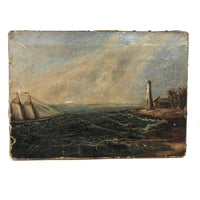 Radiant 19th Century Oil on Canvas Seascape with Ship, Lighthouse, Green Sea and Heavily Crackled Surface