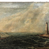 Radiant 19th Century Oil on Canvas Seascape with Ship, Lighthouse, Green Sea and Heavily Crackled Surface