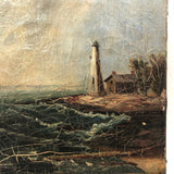 Radiant 19th Century Oil on Canvas Seascape with Ship, Lighthouse, Green Sea and Heavily Crackled Surface