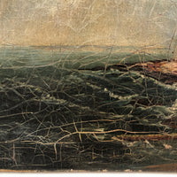 Radiant 19th Century Oil on Canvas Seascape with Ship, Lighthouse, Green Sea and Heavily Crackled Surface