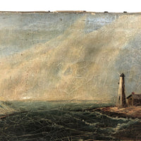 Radiant 19th Century Oil on Canvas Seascape with Ship, Lighthouse, Green Sea and Heavily Crackled Surface