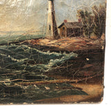 Radiant 19th Century Oil on Canvas Seascape with Ship, Lighthouse, Green Sea and Heavily Crackled Surface