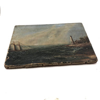 Radiant 19th Century Oil on Canvas Seascape with Ship, Lighthouse, Green Sea and Heavily Crackled Surface