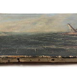 Radiant 19th Century Oil on Canvas Seascape with Ship, Lighthouse, Green Sea and Heavily Crackled Surface