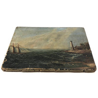 Radiant 19th Century Oil on Canvas Seascape with Ship, Lighthouse, Green Sea and Heavily Crackled Surface