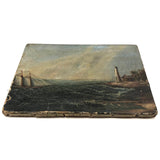 Radiant 19th Century Oil on Canvas Seascape with Ship, Lighthouse, Green Sea and Heavily Crackled Surface