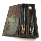 Great Antique Painter's Box As Found with Brushes and Exceptionally Lovely Small Painter's Palette