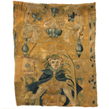 17th-18th Century European Wool Tapestry Fragment: Throned Man in Cape with Giant Quill Pen?!