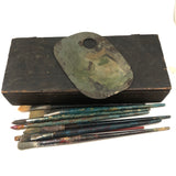 Great Antique Painter's Box As Found with Brushes and Exceptionally Lovely Small Painter's Palette