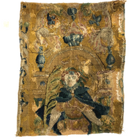 17th-18th Century European Wool Tapestry Fragment: Throned Man in Cape with Giant Quill Pen?!