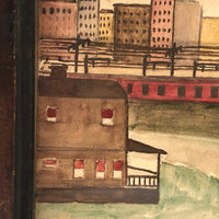 Sweet Old Naive Waterciolor of Red Train Against Sky Line, Framed