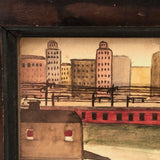 Sweet Old Naive Waterciolor of Red Train Against Sky Line, Framed