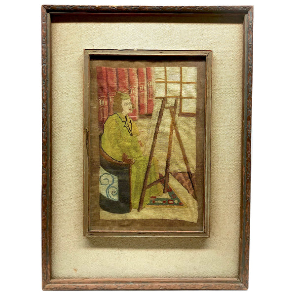 Artist at Her Easel: Wonderful Early 20th Century Needlepoint in Original Period Frame